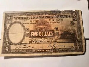1941 年 香港上海銀行 5 ドル Hvy Circ. #19311