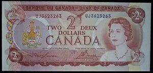 1974 年カナダ銀行 $2 レーダー 4 桁紙幣プレフィックス UJ - ローソン/ブイ