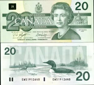 カナダ P-32d 20 ドル 1991 クイーン エリザベス 2 世本物の紙幣 UNC!