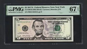 米国連邦準備制度 5 ドル 2017A Fr#1998-B (PBA ブロック) UNC グレード 67