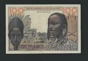 フランス領西アフリカ 100 フラン 1956 A.O.F. TOGO ピック #46 VF。