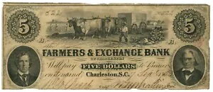 1853 ファーマーズ & エクスチェンジ バンク、サウスカロライナ州チャールストン $5 廃止された紙幣 62782