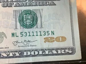 ファンシー シリアル ナンバー 20 ドル紙幣 トライナリー レーダー リピーター & クワッド