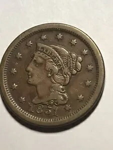 1851 ノーマル デイト 1c 編み込みヘア ラージ セント ペニー US コイン VF 非常に細かい