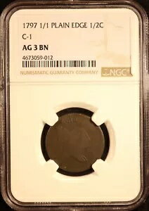 1797 1/1 リバティ キャップ ハーフ セント 'プレーン エッジ C-1' - NGC AG3 BN - レアな日付とタイプ!