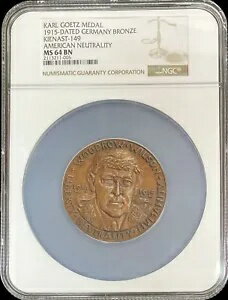 1915年 ドイツ アメリカ中立国ウッドロウ・ウィルソンメダル NGC MS 64 ブラウン by K Goetz