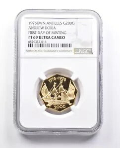 PF69 1976 FM オランダ領アンティル 200 グルデン ゴールド アンドリュー ドリア FDOM NGC *6578