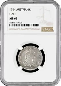 オーストリア 6 クロイツァー 1744 ホール、NGC MS63、「マリア・テレジア (1740 - 1780)」トップ ポップ 1/0(3)