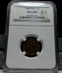 1886 インディアン ヘッド セント タイプ 1 - RPD Snow-1 NGC MS62BN - レッドオールチョコレートなし