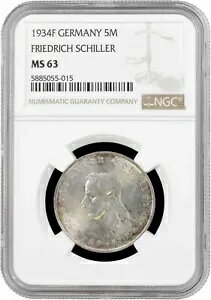ドイツ - 第三帝国 5 ライヒスマルク 1934 F、NGC MS63、「フリードリヒ シラー」シルバー