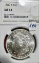 #54A 1880 S MS64 モーガン シルバー ダラー NGC 送料無料・追跡あり。(3)