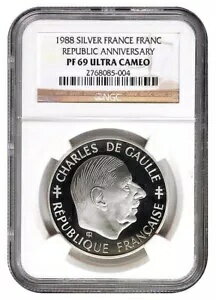 NGC PF 69 UC 1988 シルバー フランス共和国記念日 フラン シャルル ド ゴール