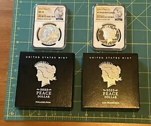 2023 ピース シルバー ダラー 2 個セット Unc. & プルーフ ULT. OGP 付きカメオ NGC 70