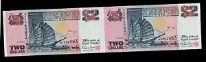 シンガポール 2 ドル (1992 年) ノーカットシート 2 枚紙幣ピック # 28 UNC。