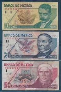 メキシコ 10 20 50 ペソ 3 個ロット、1994、P 105a 106a 107a、VF
