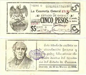 メキシコ、5ペソ、テソレリアグラールエド。オアハカ州、1916 年 3 月 15 日、シリーズ O、S/N 17687、S-949b