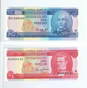 バルバドス 1 (1973、P-29 ) & 2 (1986、P-36) ドル紙幣、UNC、北米