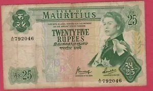 モーリシャス 25 ルピー P32 B 1967 クイーン オックス カート通貨 紙幣 銀行券