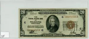 1929 年 $20 ペンシルバニア州フィラデルフィア連邦準備銀行券 VF 状態 C00271505A