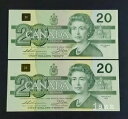 セット 2x 連続 1991 カナダ ドル 20 ドル紙幣 紙幣 ミント クリスプ UNC