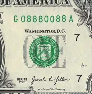 バイナリ 8 0 ファンシー シリアル番号 1 ドル紙幣 G08880088A シカゴ A ラン クリスプ