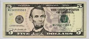 Billete De 5 D?lares A?o 2013 Con N?mero De Serie-MG 56555556 D.