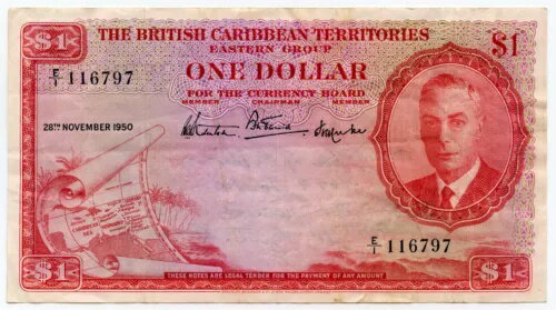 英国領カリブ海領土1950 キング ジョージ 6 世 1 ドル紙幣クリスプ AXF。