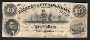 1853年 $10 サウスカロライナ州チャールストンのファーマーズ＆為替銀行の廃止紙幣
