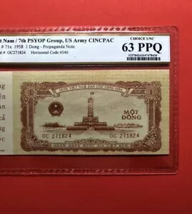 1958-ベトナム-1 ドン (プロパガンダ)、PCGS CHOICE UNC 63 PPQ によりグレード付け。