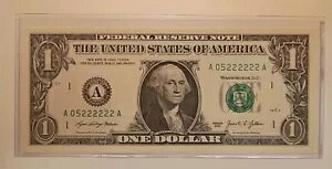 ほぼ固体のシリアル番号 - 2021 年 1 ドル紙幣、ボストン。未流通。シリアル番号: 05222222