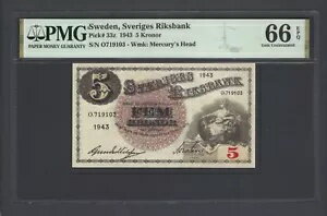 スウェーデン 5 クローナ 1943 P33z 未流通グレード 66