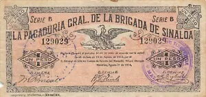 メキシコ / マサトラン、シナロア州 1 ペソ 1914 年 8 月 21 日 シリーズ B 流通紙幣 FLT