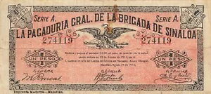 メキシコ / マサトラン、シナロア州 1 ペソ 1914 年 8 月 21 日 シリーズ A 流通紙幣 FLT