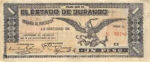 メキシコ/デュランゴ 1 ペソ 12.12.1.1913 シリーズ N/EX 流通紙幣 XW2