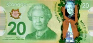 20ドルの銀行券。カナダ2012シリーズ。 20 ドル紙幣。単一ポリマー QEII UNC。