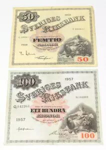 1957 年スウェーデン 100 クローネ紙幣と 1959 年スウェーデン 50 クローネ紙幣通貨紙幣 2 ロット