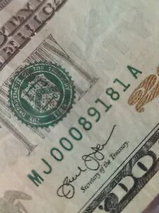 20 ドル紙幣 2013 ファンシーロー シリアル番号 ... MJ 00089181 A