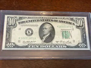 1950A FRN $10 ダラス グリーン シール紙幣未流通、陳列ケースに保管