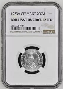 1923 ドイツ 200 マルク コイン - NGC 認定ブリリアント未流通スラブ(3)
