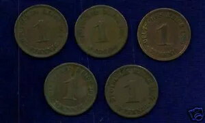 ドイツ帝国 1 フェニヒ コイン: 1889 〜 1913 年、ロット (5 枚)