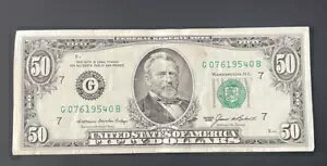 1985 年 50 ドル紙幣、シリアル番号:07 6 1954 0、7 月 6 日、FRB G7、CIRC の誕生日/記念日。