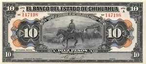 メキシコ / チワワ 10 ペソ ND。 1913 シリーズ A 未流通紙幣