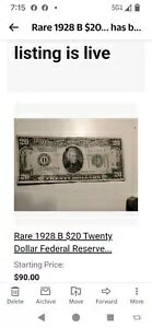 1928 シリーズ B 20 ドル紙幣、パリパリ、非常に良好、CU/GEMU、シカゴ発行