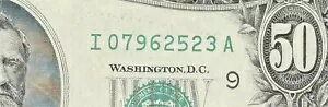 1990 年 50 ドル紙幣、ミネアポリス連邦準備銀行、シリアル番号 I07962523A。