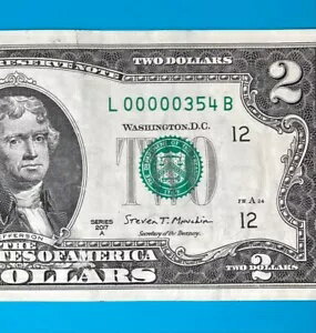 L 00000354 B : シリアル番号の低い 3 桁の $2 2 ドル紙幣