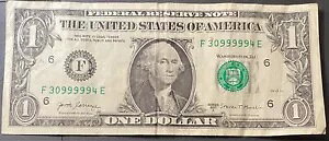 1 米ドル紙幣 2017A ファンシー シリアル番号 F30999994E 5 枚連続