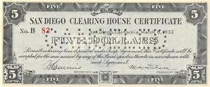 米国 / S.D. 手形交換所証明書 $5 3.6.1933 シリーズ B 非流通 LA10