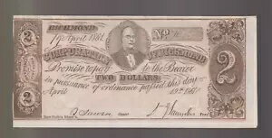 1861 年 $2 リッチモンド バージニア州会社 2 ドル アハム偽造バージニア紙幣