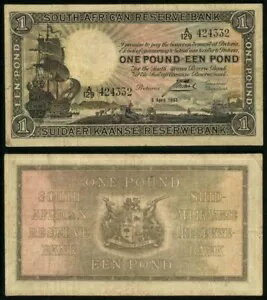 通貨 1943 年 南アフリカ準備銀行 1 ポンド紙幣 帆船 P# 84e