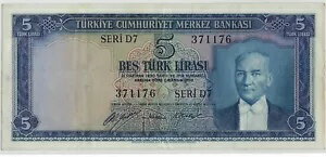 トルコ 5 リラシ L.1930 、セリ D7 P#154 XF+ 。 TZ11